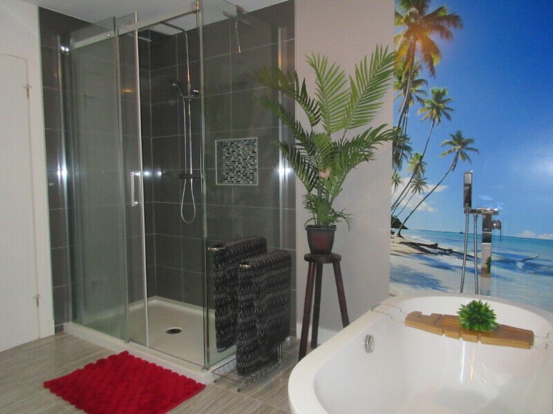 Image d'une salle de bain rénovée avec une ambiance tropicale
